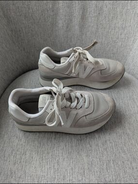 New Balance Beige and White Platform Sneakers